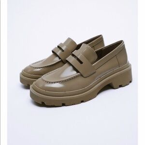 Zara Women's Khaki Patent Leather Lug Sole Loafers Size 41 US 10